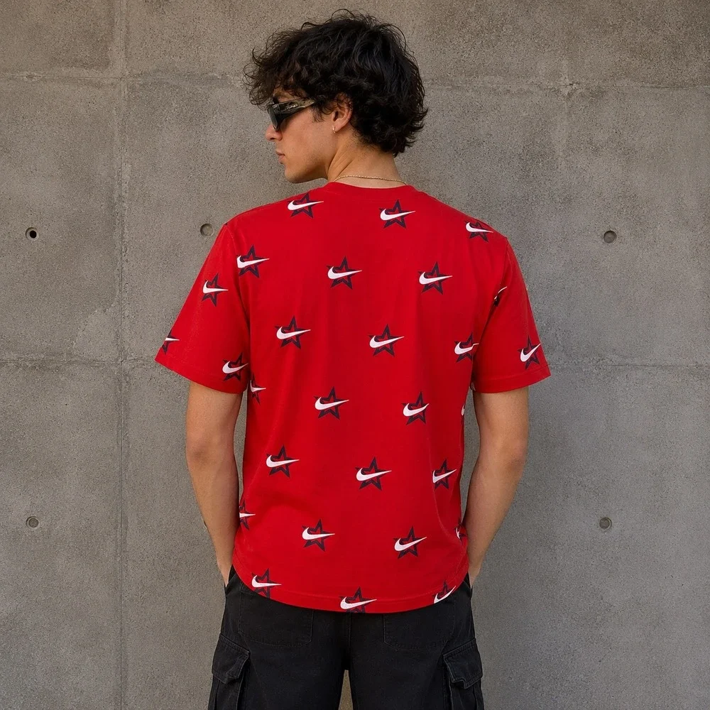 Nike T-Shirt Mens Medium Red Dri-Fit Star Swoosh All Over Prime Athletic Gym Tee